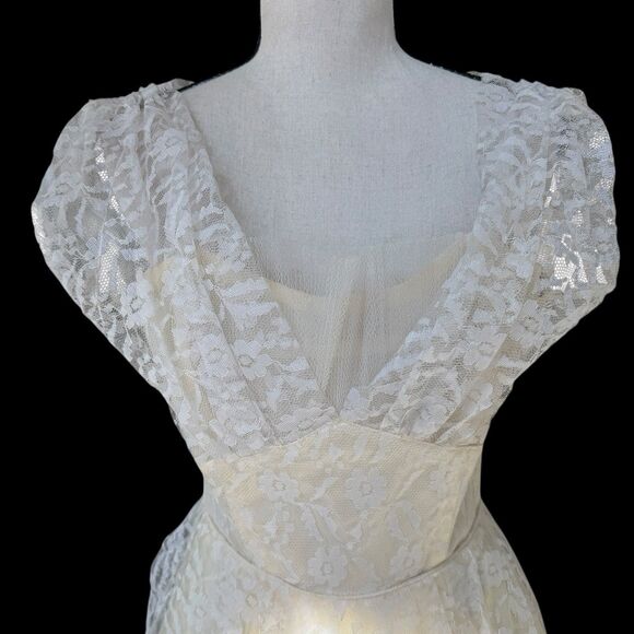 VTG 50s 60s Lace Bridal Party Dress Cream White Cottagecore Prairie Fit Flare S - Picture 4 of 16